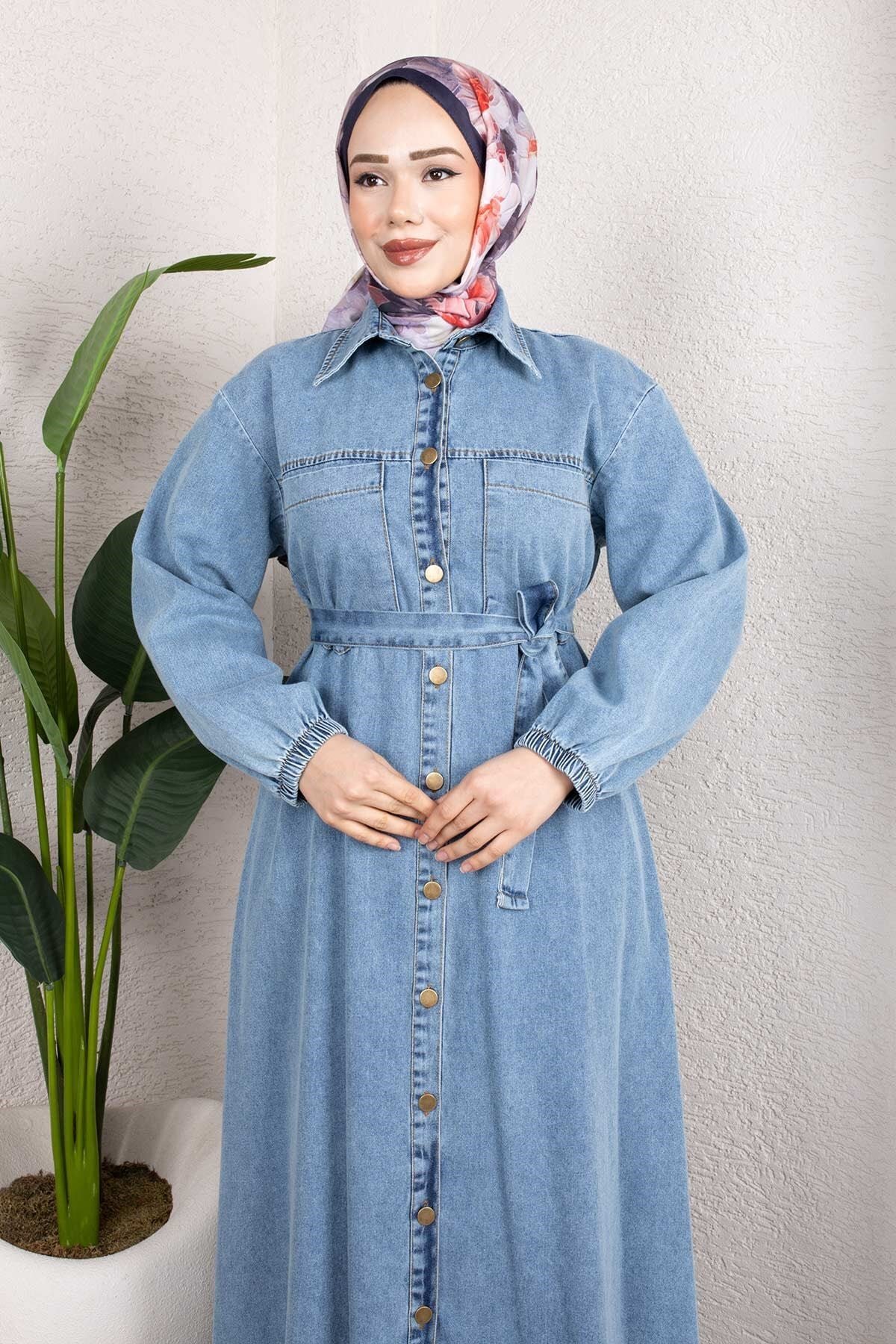 Belted Denim Modest Dress - Light Blue - Misskayle