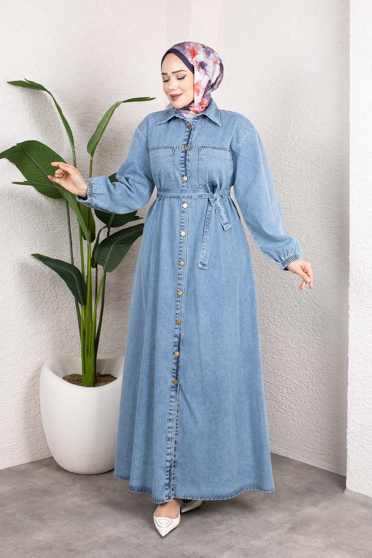 Belted Denim Modest Dress - Light Blue - Misskayle