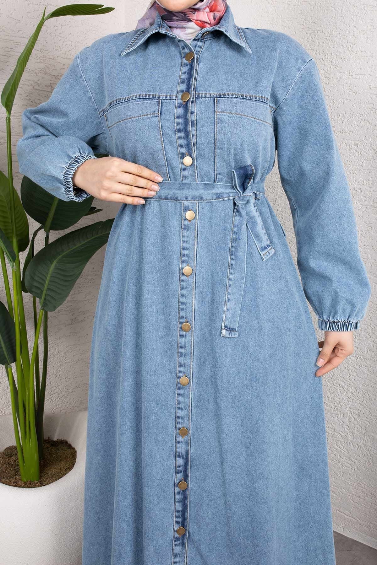 Belted Denim Modest Dress - Light Blue - Misskayle