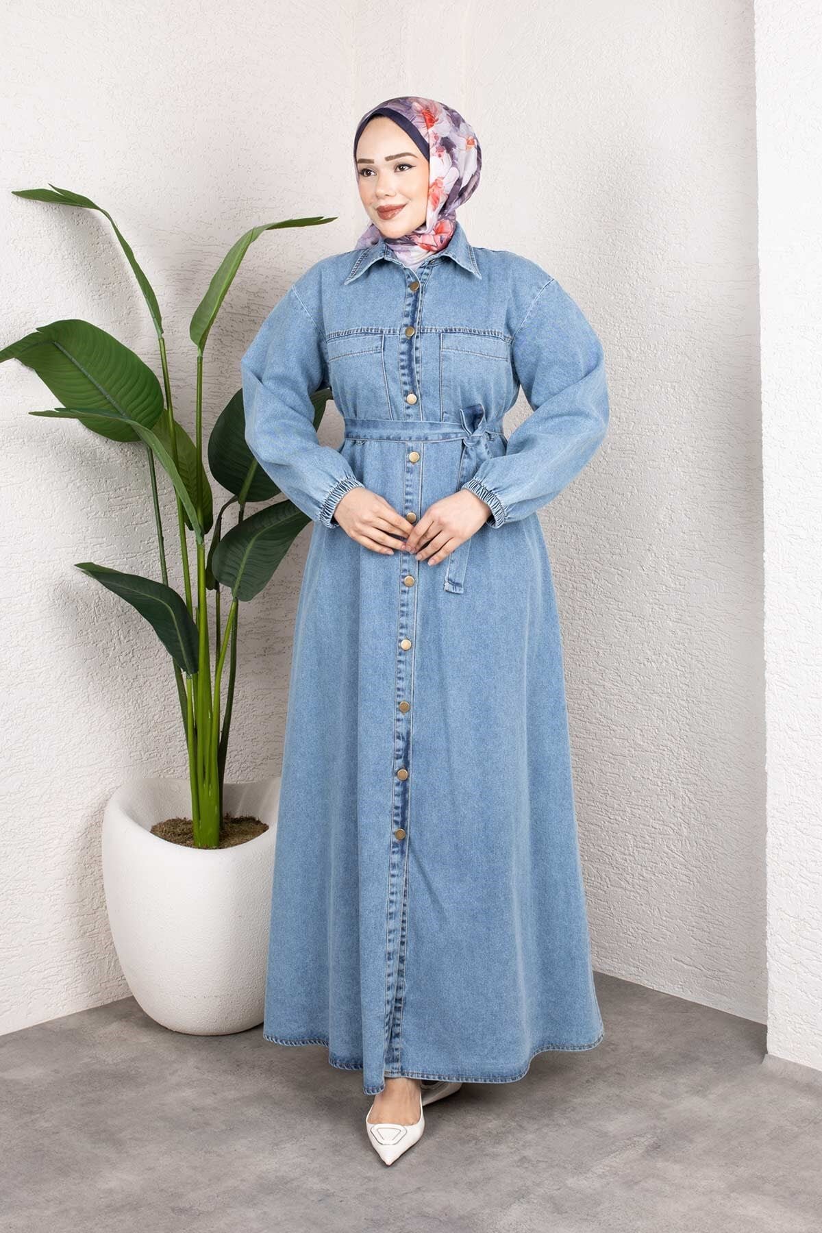Belted Denim Modest Dress - Light Blue - Misskayle