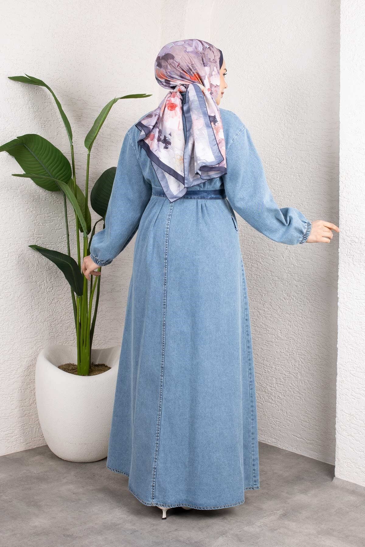 Belted Denim Modest Dress - Light Blue - Misskayle