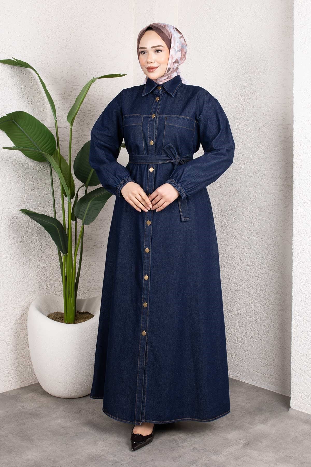 Koyu Mavi Gömlek Yaka Kemerli Denim Tesettür Takım - Misskayle