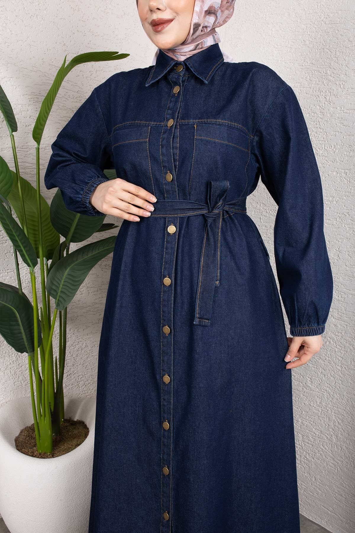 Koyu Mavi Gömlek Yaka Kemerli Denim Tesettür Takım - Misskayle