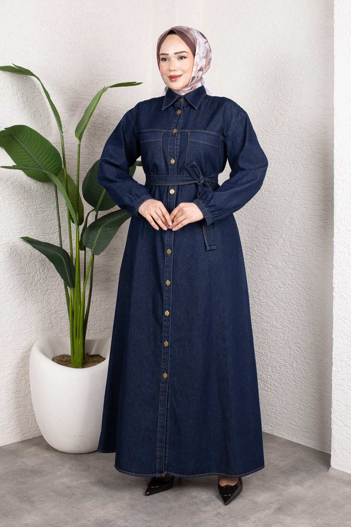 Koyu Mavi Gömlek Yaka Kemerli Denim Tesettür Takım - Misskayle