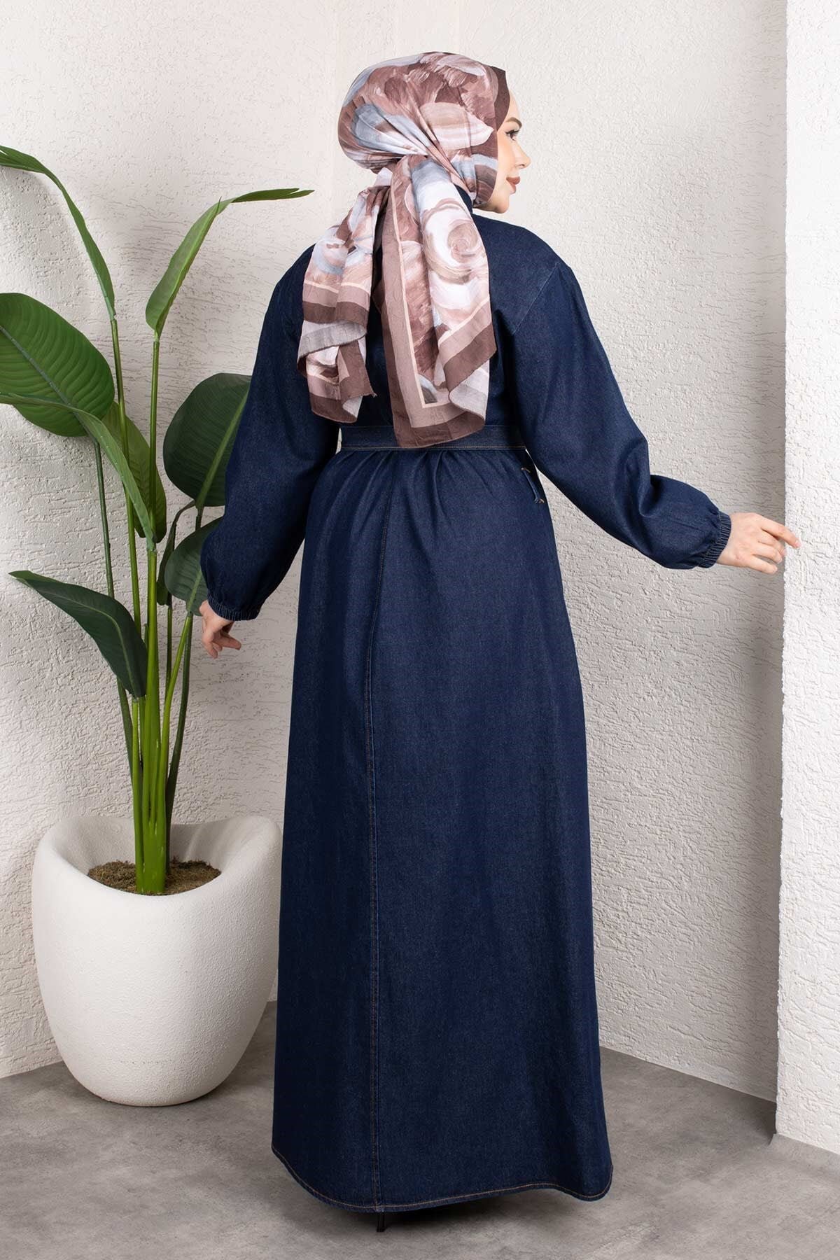 Koyu Mavi Gömlek Yaka Kemerli Denim Tesettür Takım - Misskayle