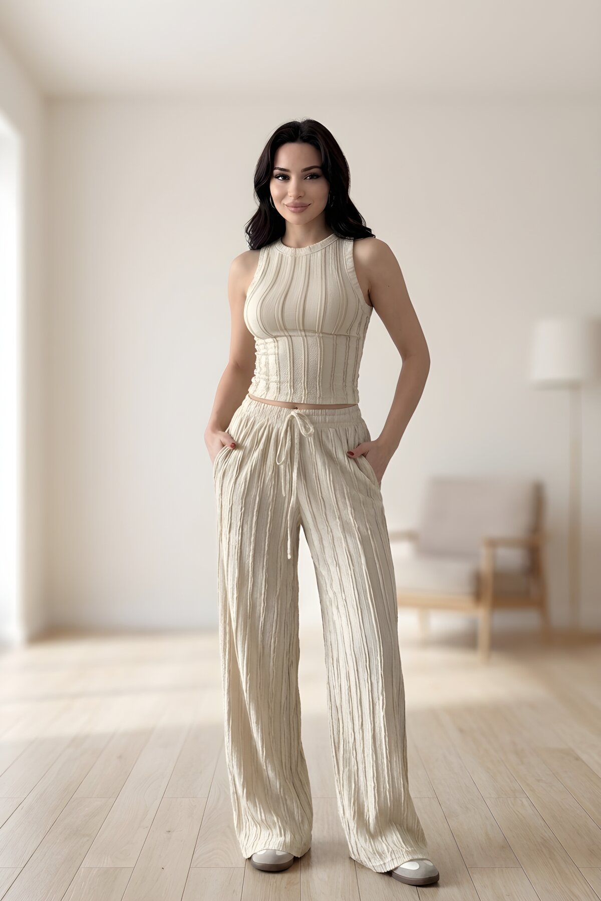 Halter Neck Crop Reverse Stitched Pants Set - Beige - MOZENA