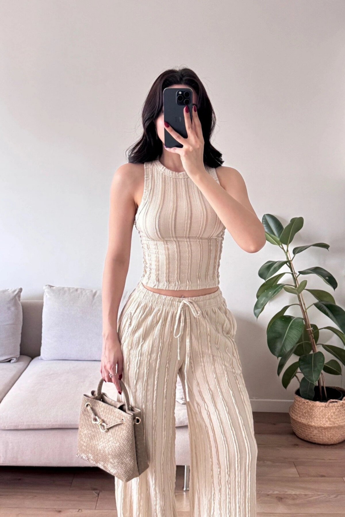 Bej Halter Yaka Crop Pantolon Ters Dikişli İkili Takım - MOZENA