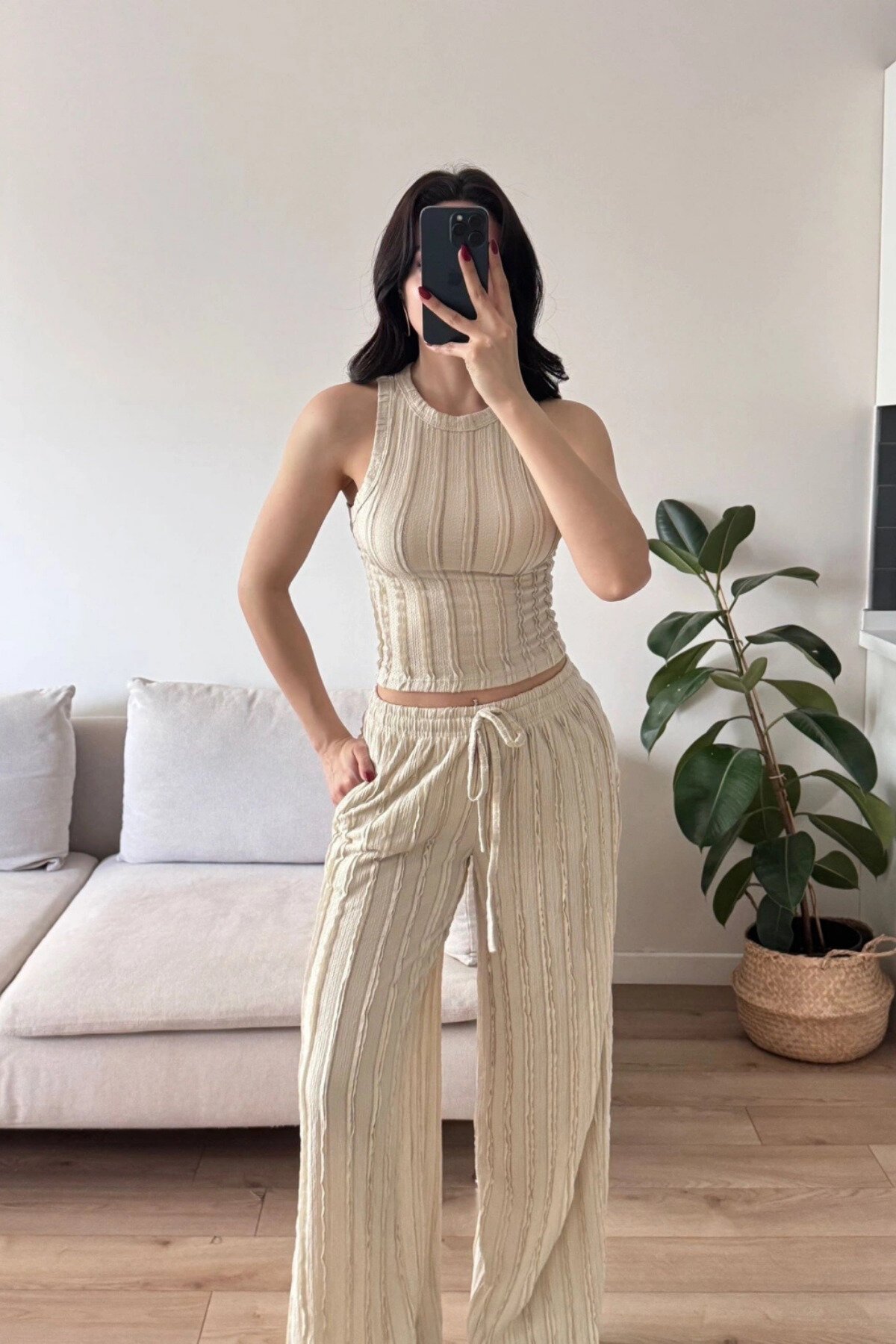 Bej Halter Yaka Crop Pantolon Ters Dikişli İkili Takım - MOZENA