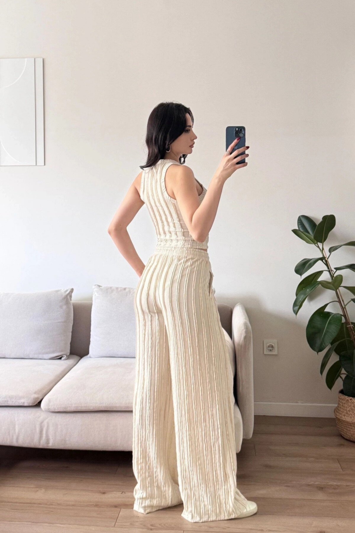 Bej Halter Yaka Crop Pantolon Ters Dikişli İkili Takım - MOZENA