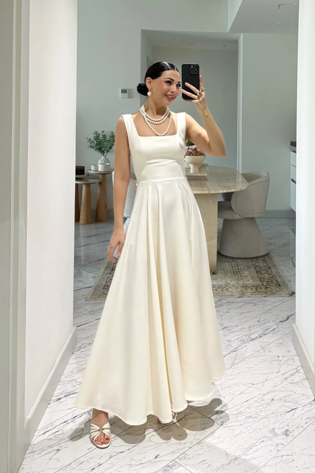 Long Strappy Square Neck Tie-Detail Dress - White - MOZENA
