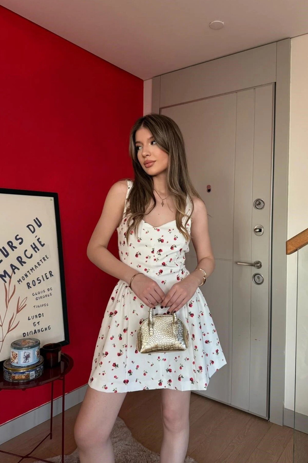 Mini Floral Strappy Dress - White - MOZENA