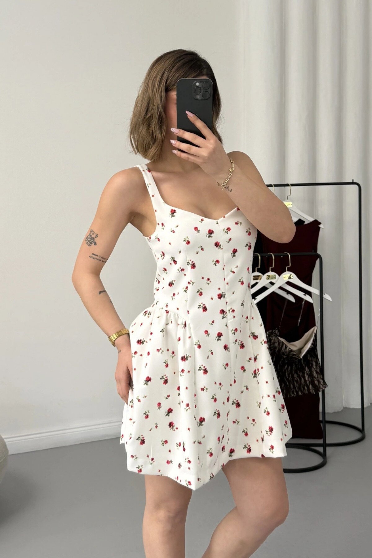 Mini Floral Strap Dress - White - MOZENA