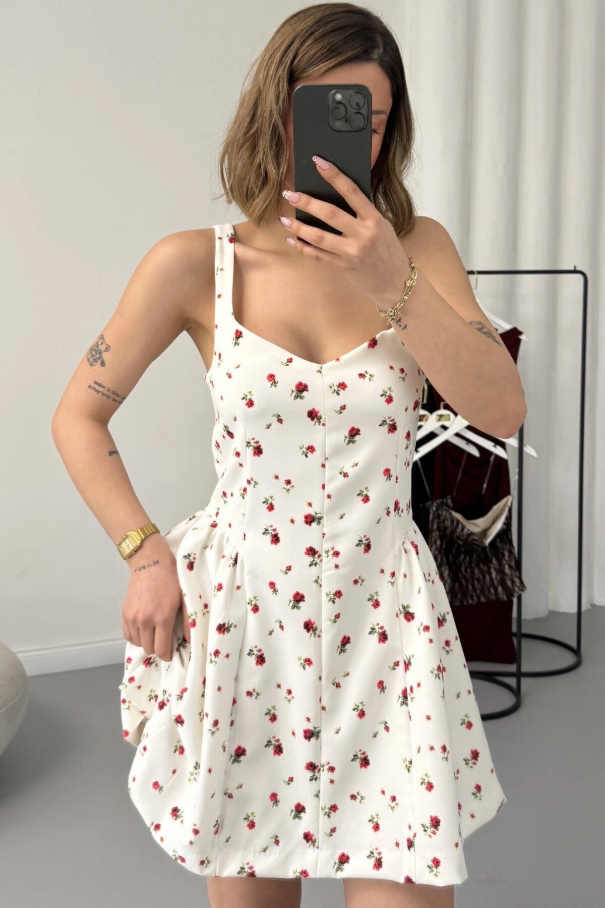 Mini Floral Strap Dress - White - MOZENA