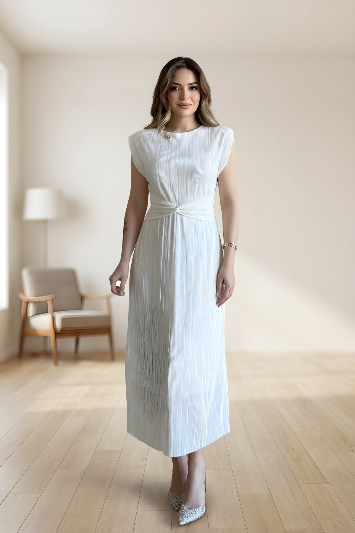 Midi Pleated Waist Detail Dress - White - MOZENA