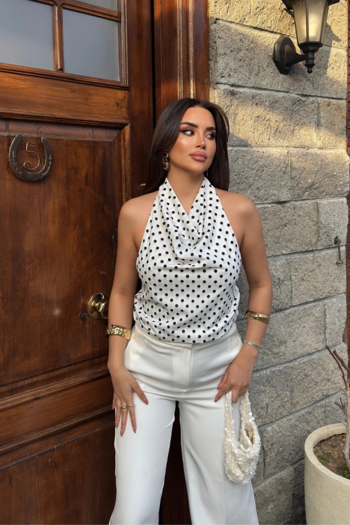 Halter Neck Polka Dot Cowl Neck Blouse - White - MOZENA