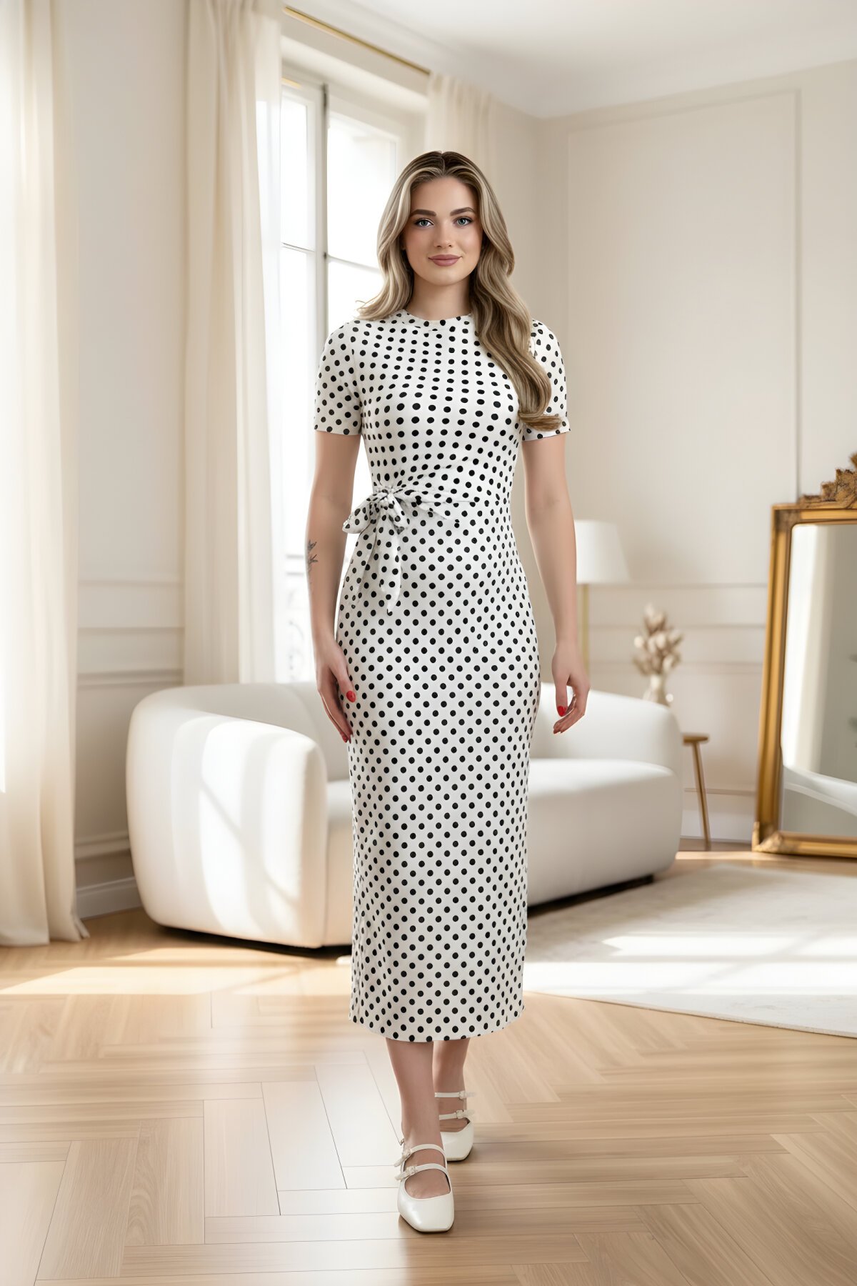 Beyaz Puantiye Desenli Midi Beli Bağlamalı Yanı Yırtmaçlı Elbise - MOZENA