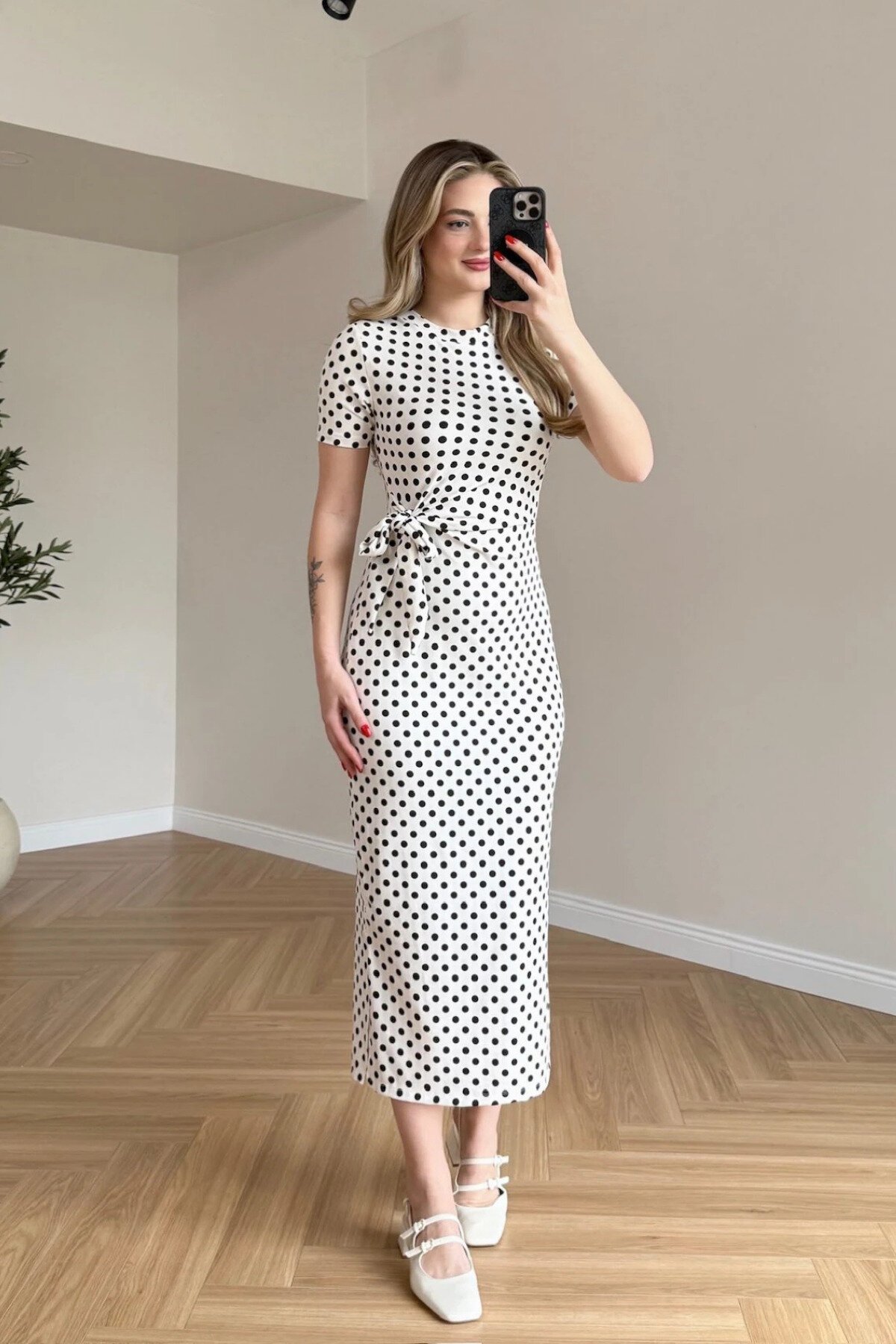 Midi Polka-Dot Tie-Waist Slit Dress - White - MOZENA
