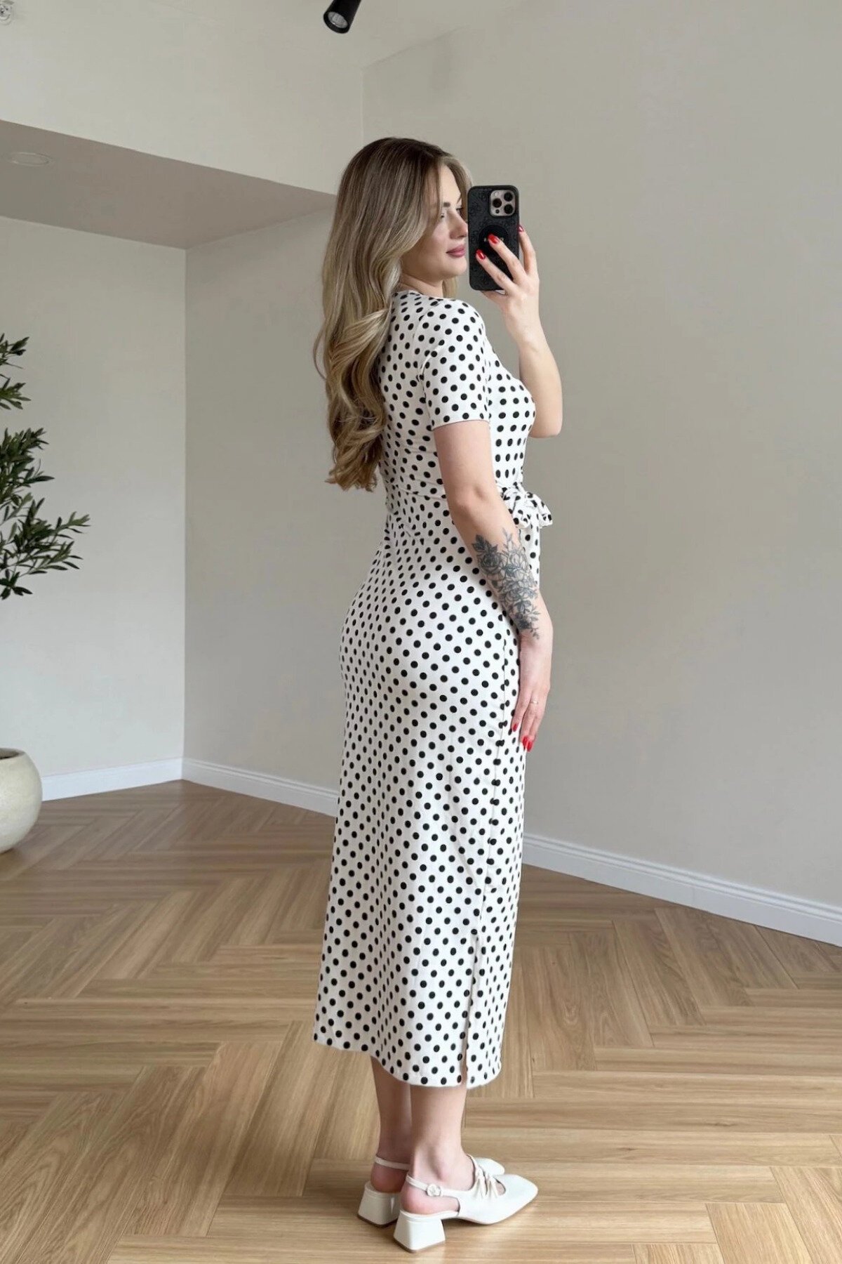 Midi Polka-Dot Tie-Waist Slit Dress - White - MOZENA