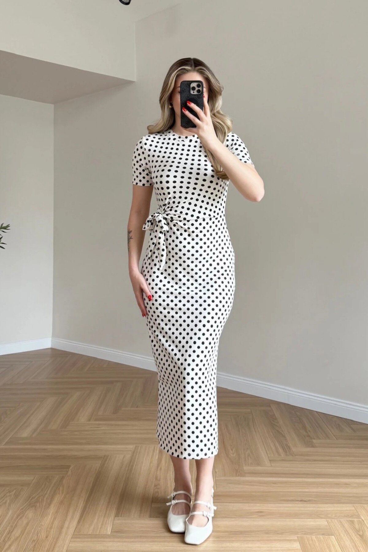 Midi Polka-Dot Tie-Waist Slit Dress - White - MOZENA