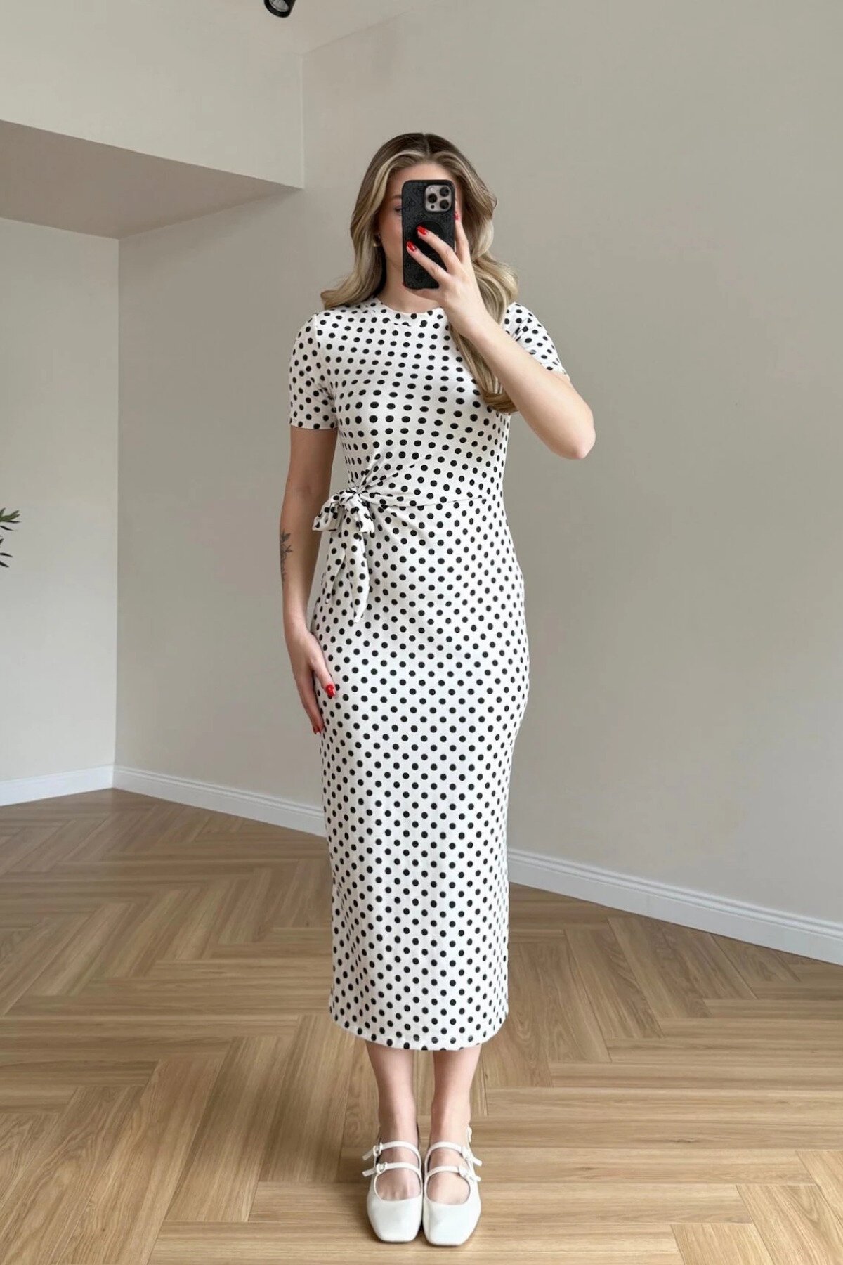 Midi Polka-Dot Tie-Waist Slit Dress - White - MOZENA