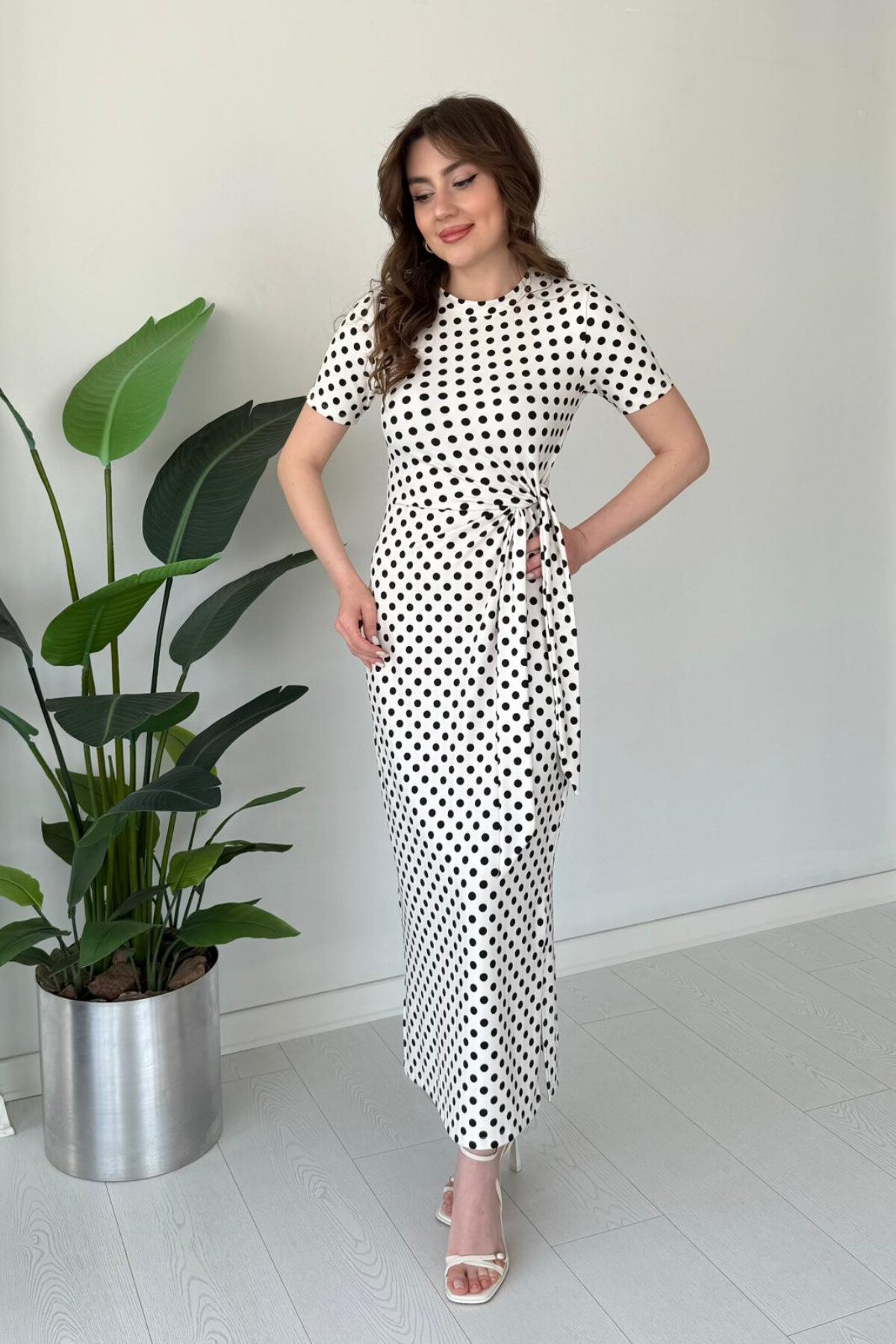 Midi Polka Dot Slit Dress - White - MOZENA