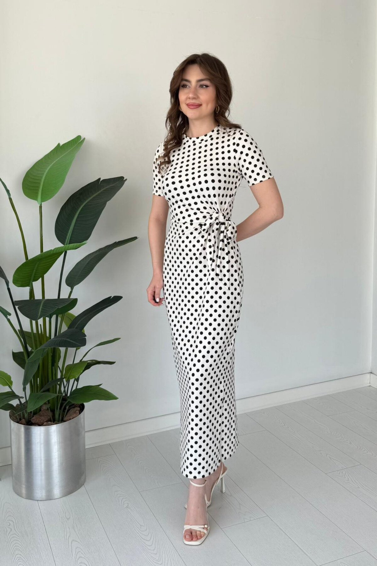 Midi Polka Dot Slit Dress - White - MOZENA