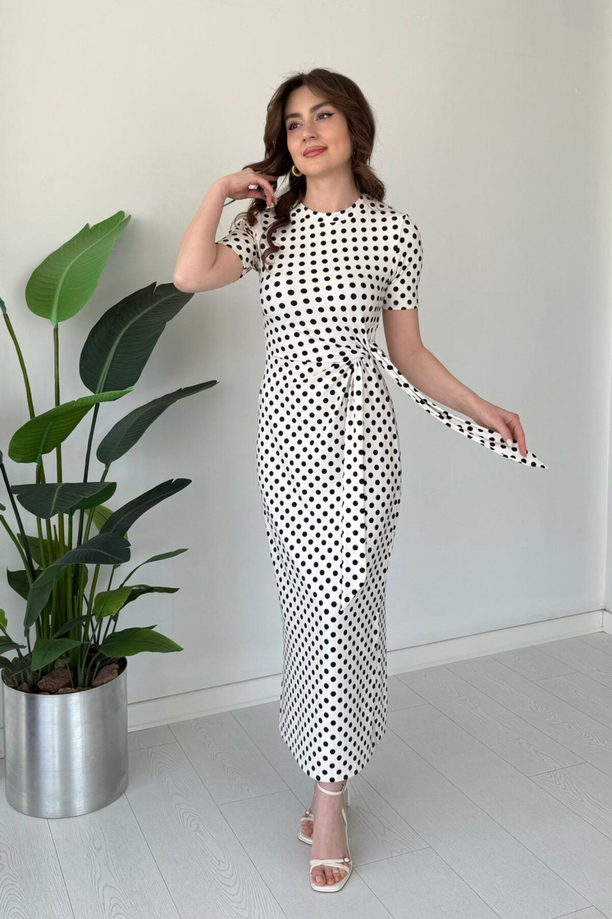 Midi Polka Dot Slit Dress - White - MOZENA
