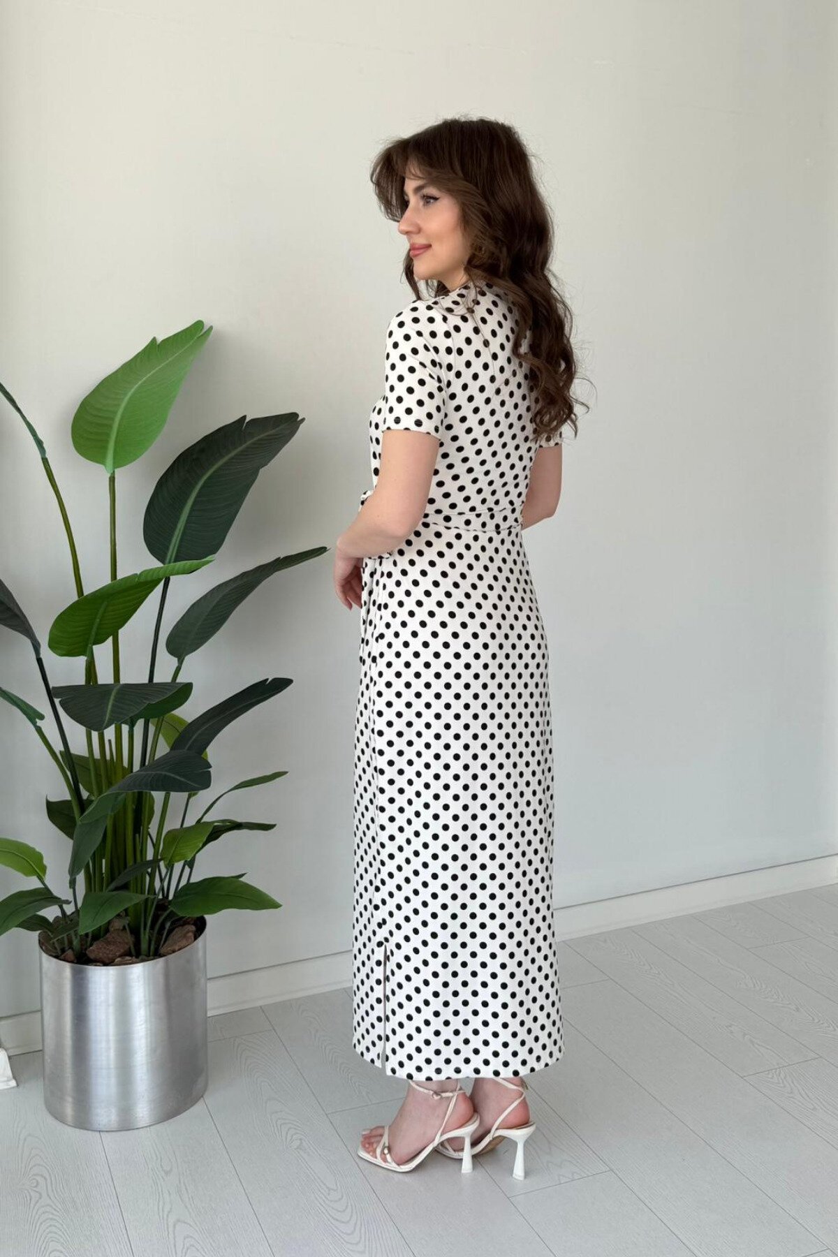 Midi Polka Dot Slit Dress - White - MOZENA