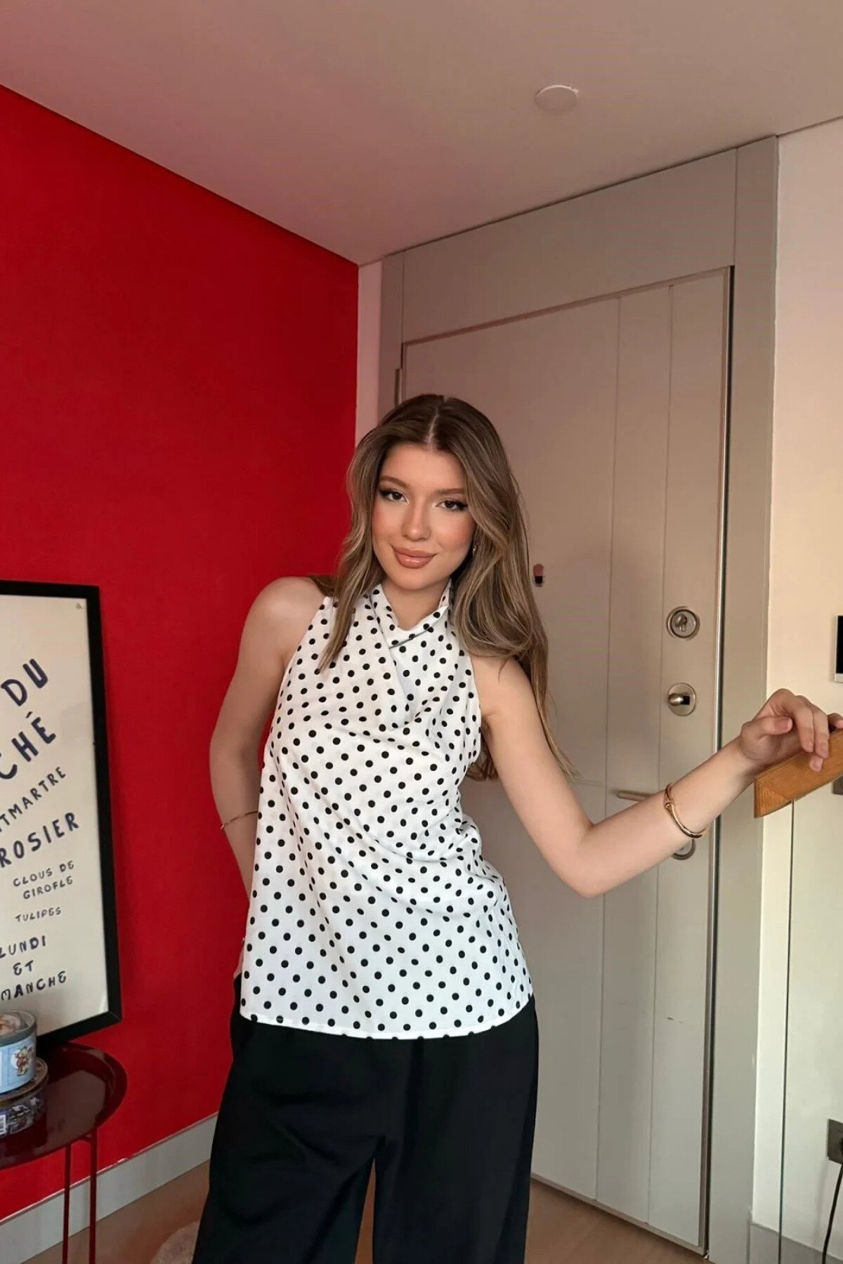 Halter Neck Polka Dot Cowl Detail Blouse - White - MOZENA