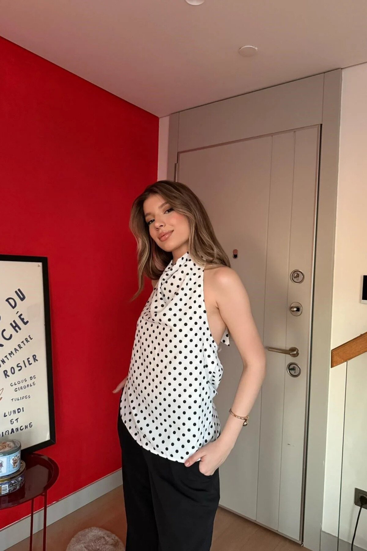 Halter Neck Polka Dot Cowl Detail Blouse - White - MOZENA