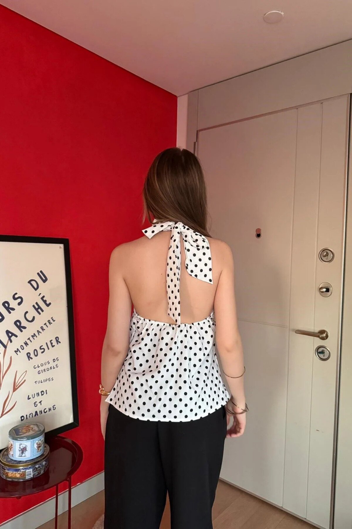 Halter Neck Polka Dot Cowl Detail Blouse - White - MOZENA
