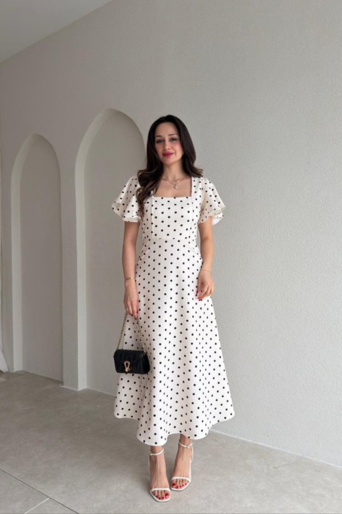 Midi Polka-Dot Ruffled Dress - White - MOZENA