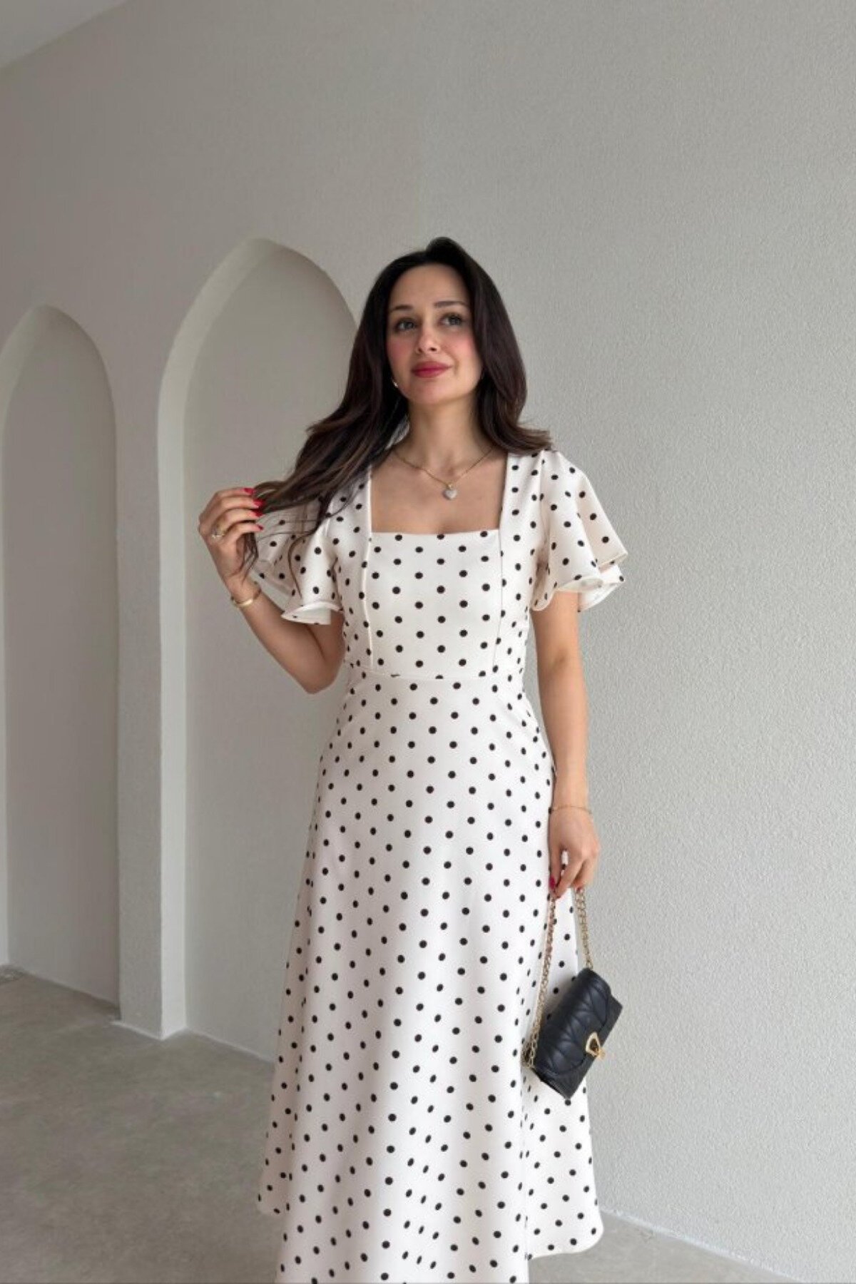 Midi Polka-Dot Ruffled Dress - White - MOZENA