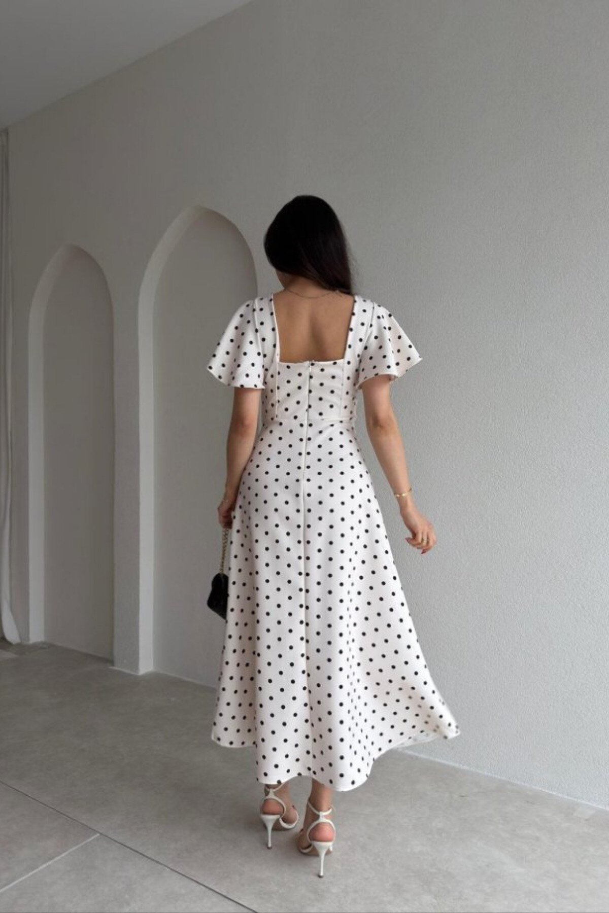 Midi Polka-Dot Ruffled Dress - White - MOZENA