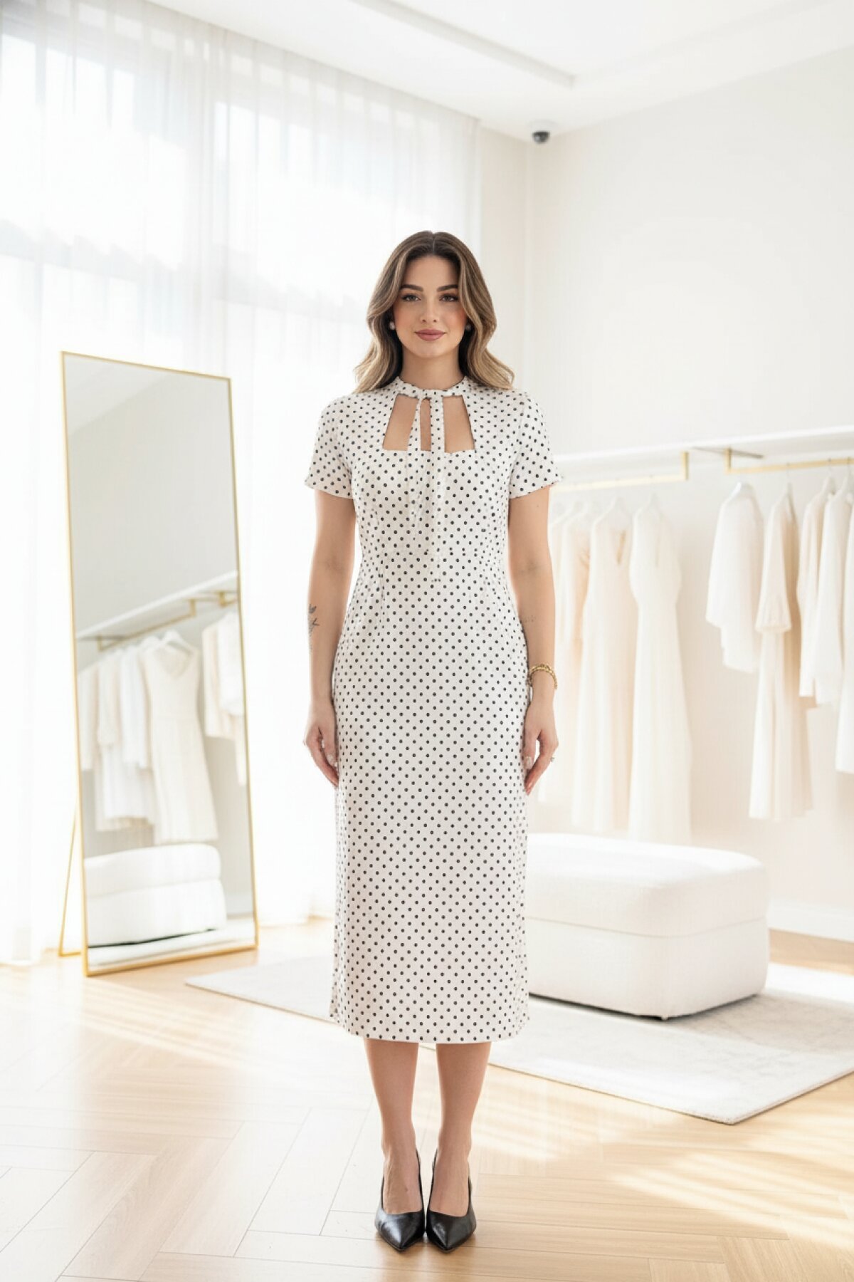 فستان ميدي أبيض منقط بفتحة جانبية وياقة بربطة - MOZENA