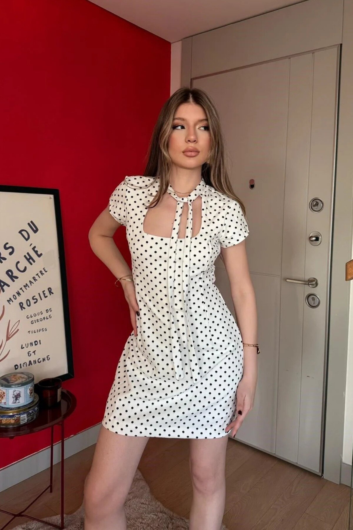 Mini Polka Dot Front-Tie Dress - White - MOZENA