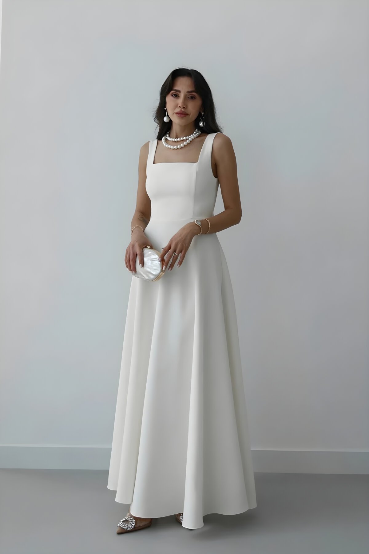 Long Square Neck Back Tie Dress - White - MOZENA