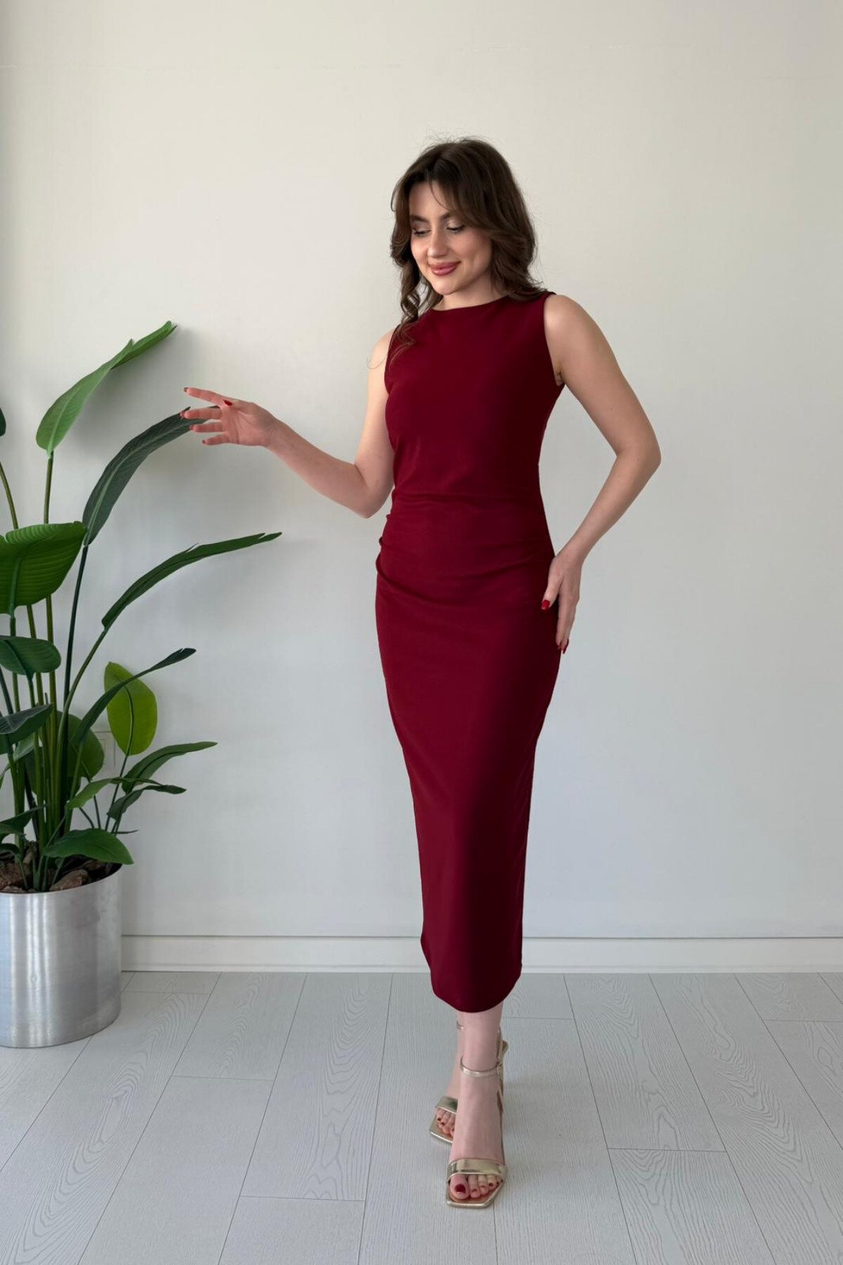 Bordo Drape Detaylı Midi Krep Elbise - MOZENA