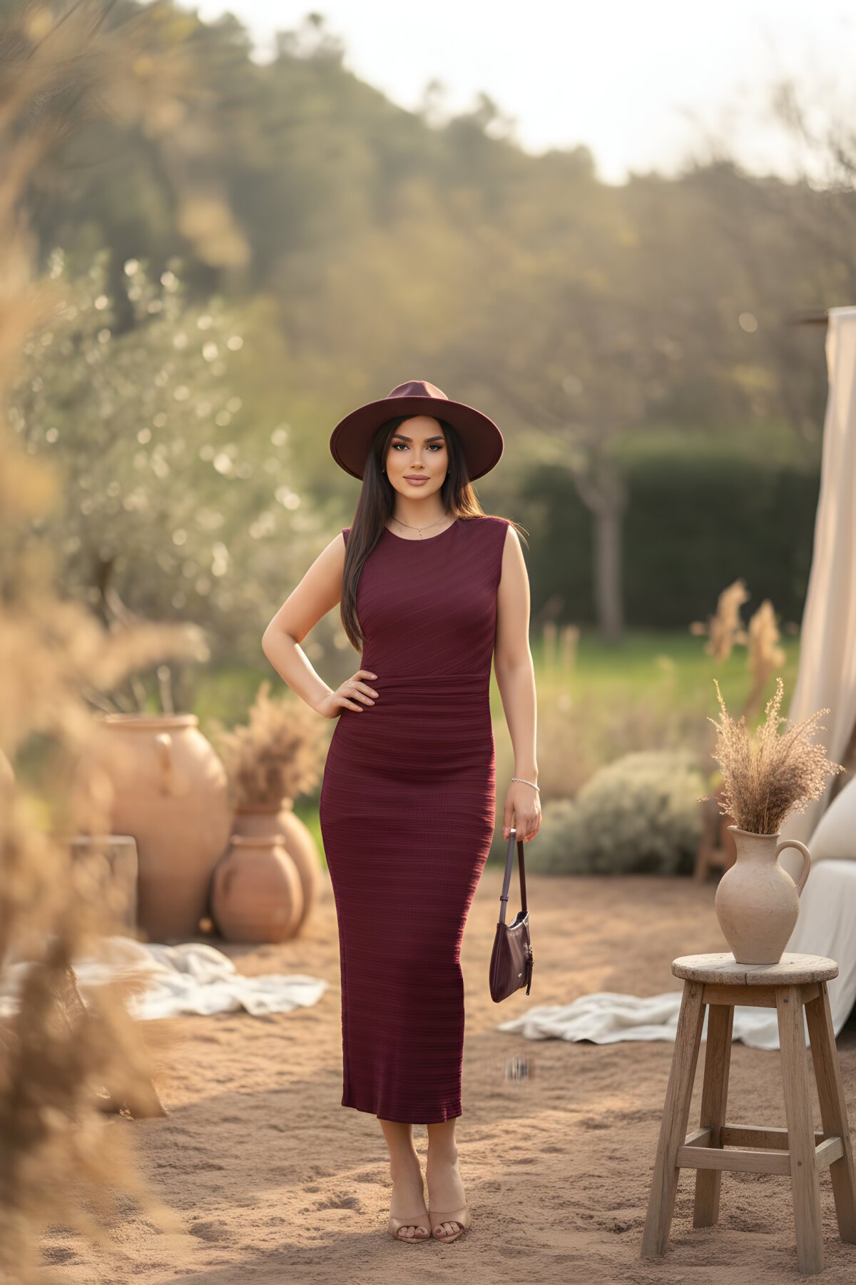 Long Seersucker Drape-Detail Dress - Burgundy - MOZENA