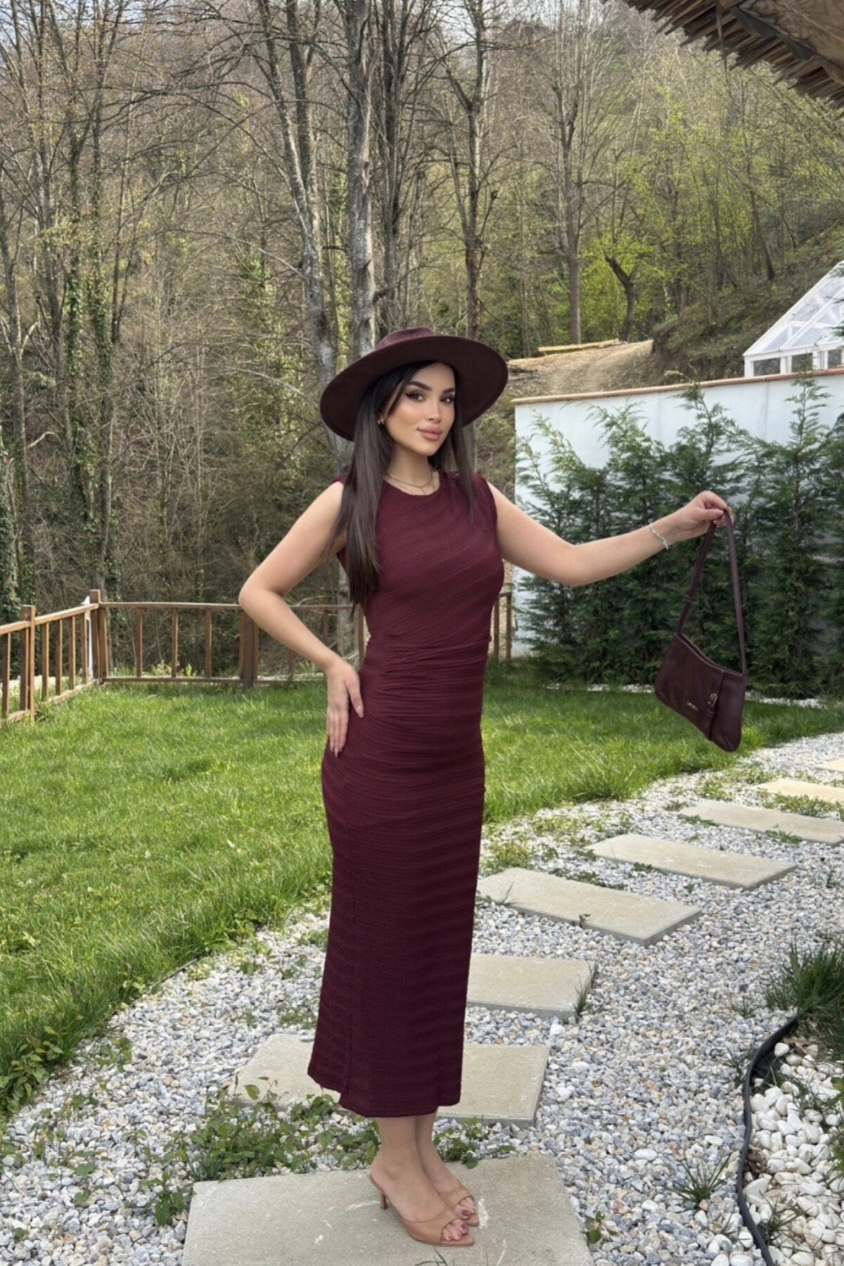 Long Seersucker Drape-Detail Dress - Burgundy - MOZENA