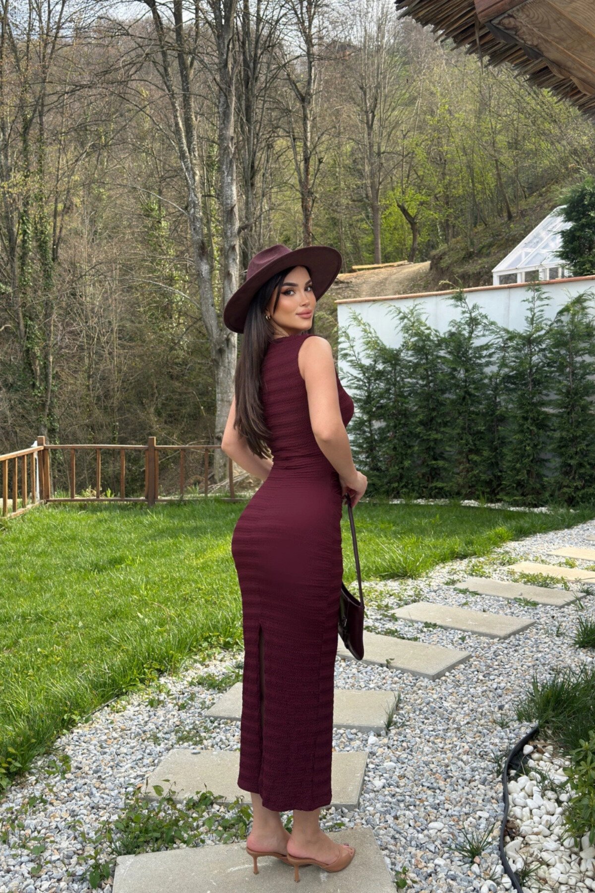 Long Seersucker Drape-Detail Dress - Burgundy - MOZENA