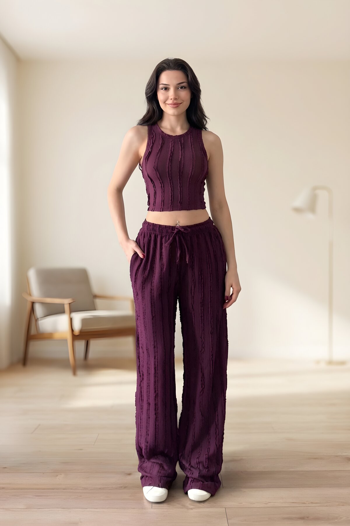 Cropped Halter Neck Reverse Stitch Pants Set - Burgundy - MOZENA
