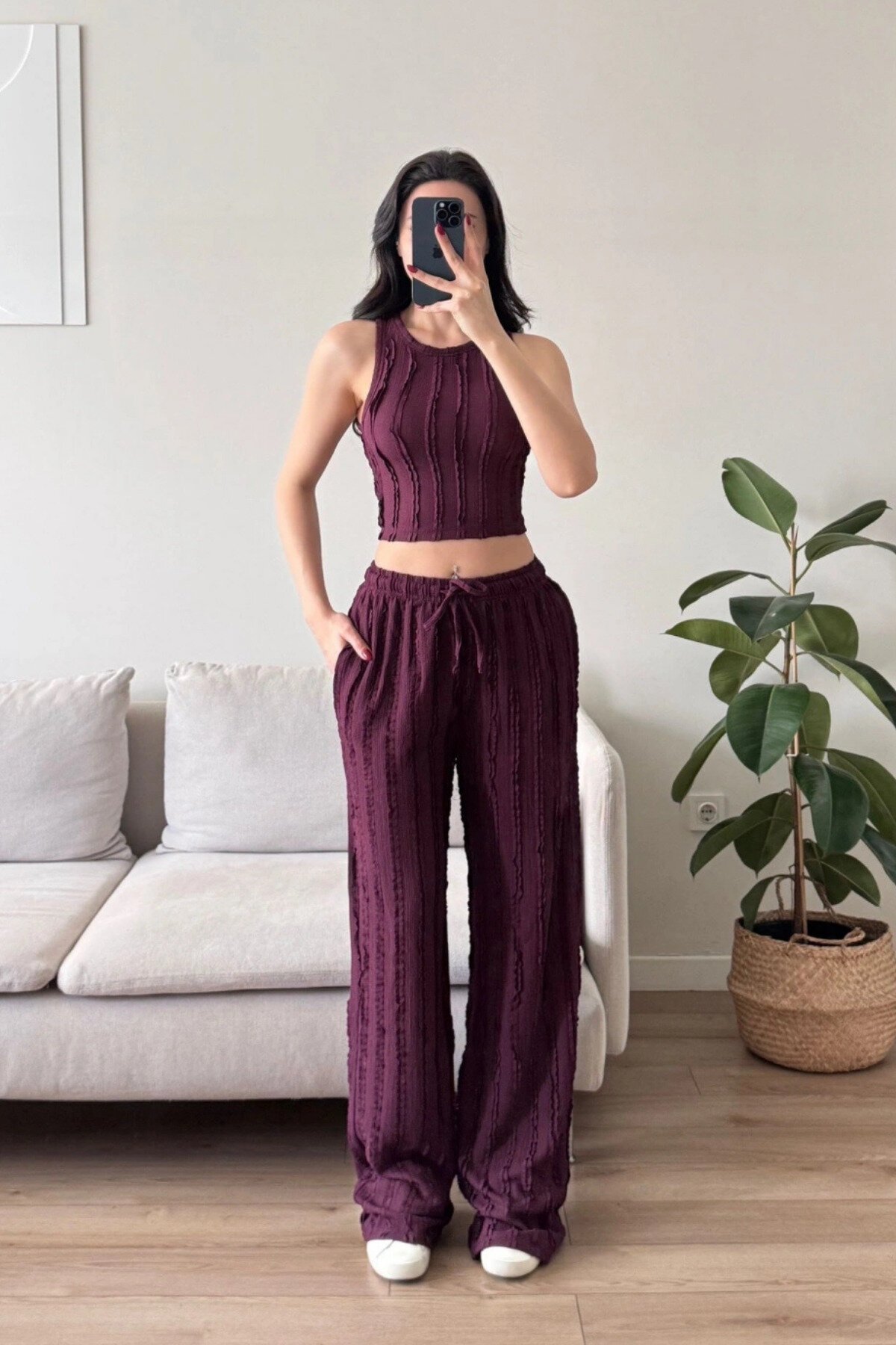 Bordo Halter Yaka Ters Dikiş Crop Pantolon Takım - MOZENA