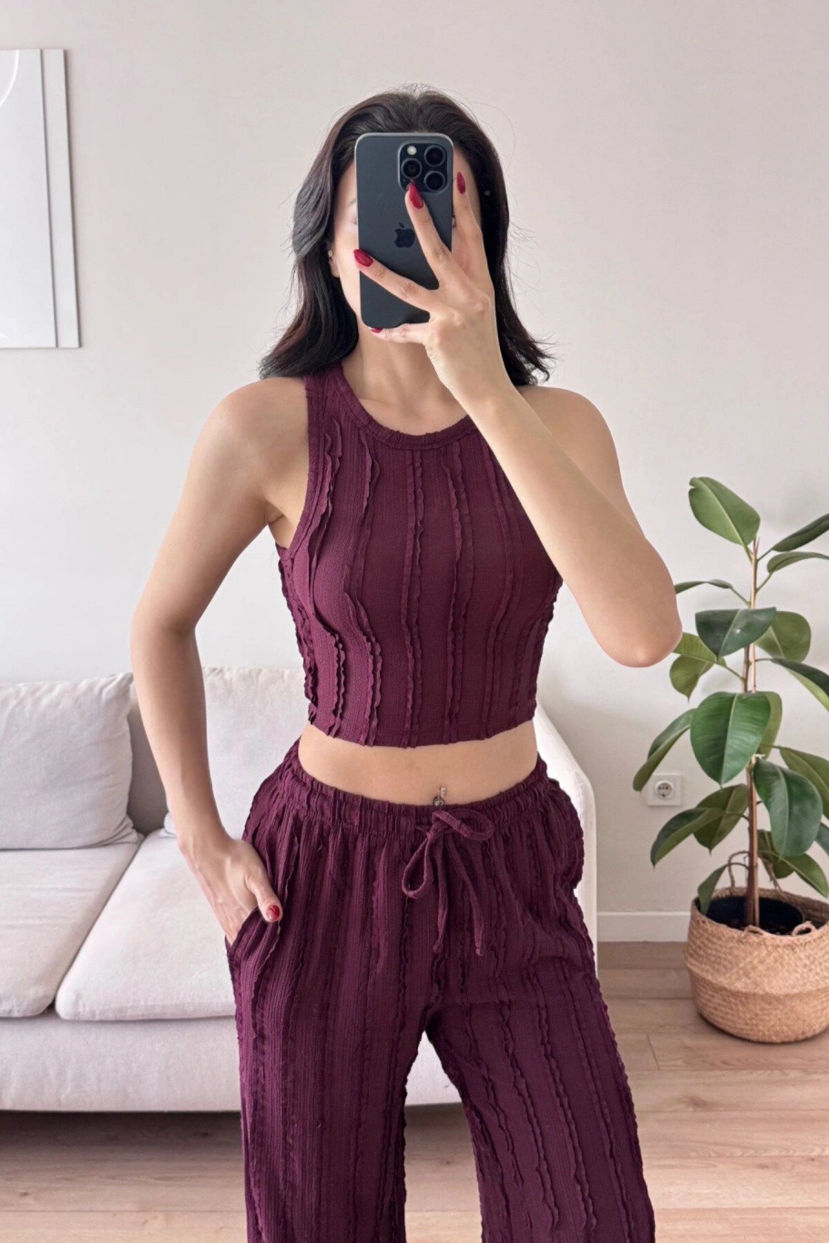 Bordo Halter Yaka Ters Dikiş Crop Pantolon Takım - MOZENA