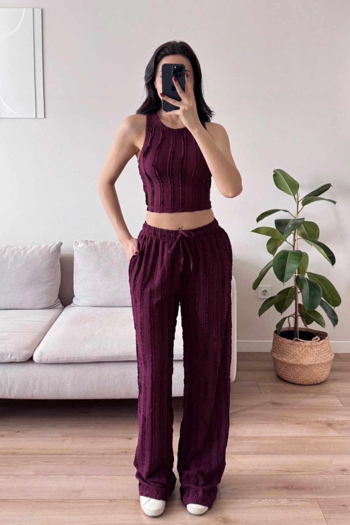 Bordo Halter Yaka Ters Dikiş Crop Pantolon Takım - MOZENA