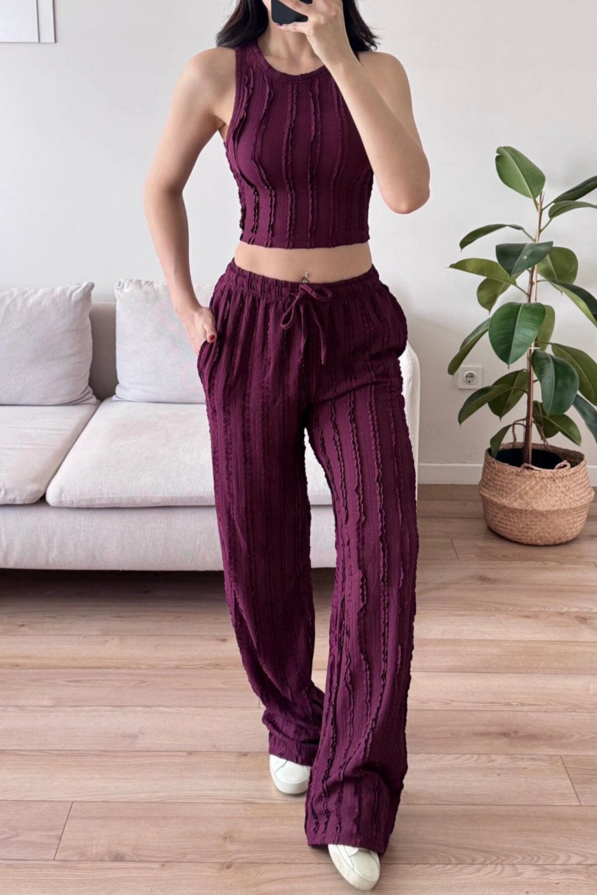 Bordo Halter Yaka Ters Dikiş Crop Pantolon Takım - MOZENA