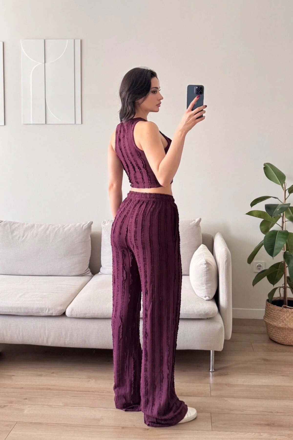 Bordo Halter Yaka Ters Dikiş Crop Pantolon Takım - MOZENA