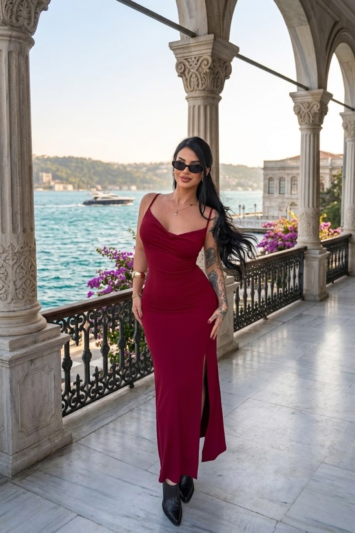 فستان ميدي بورجوندي بياقة منسدلة وفتحة - MOZENA