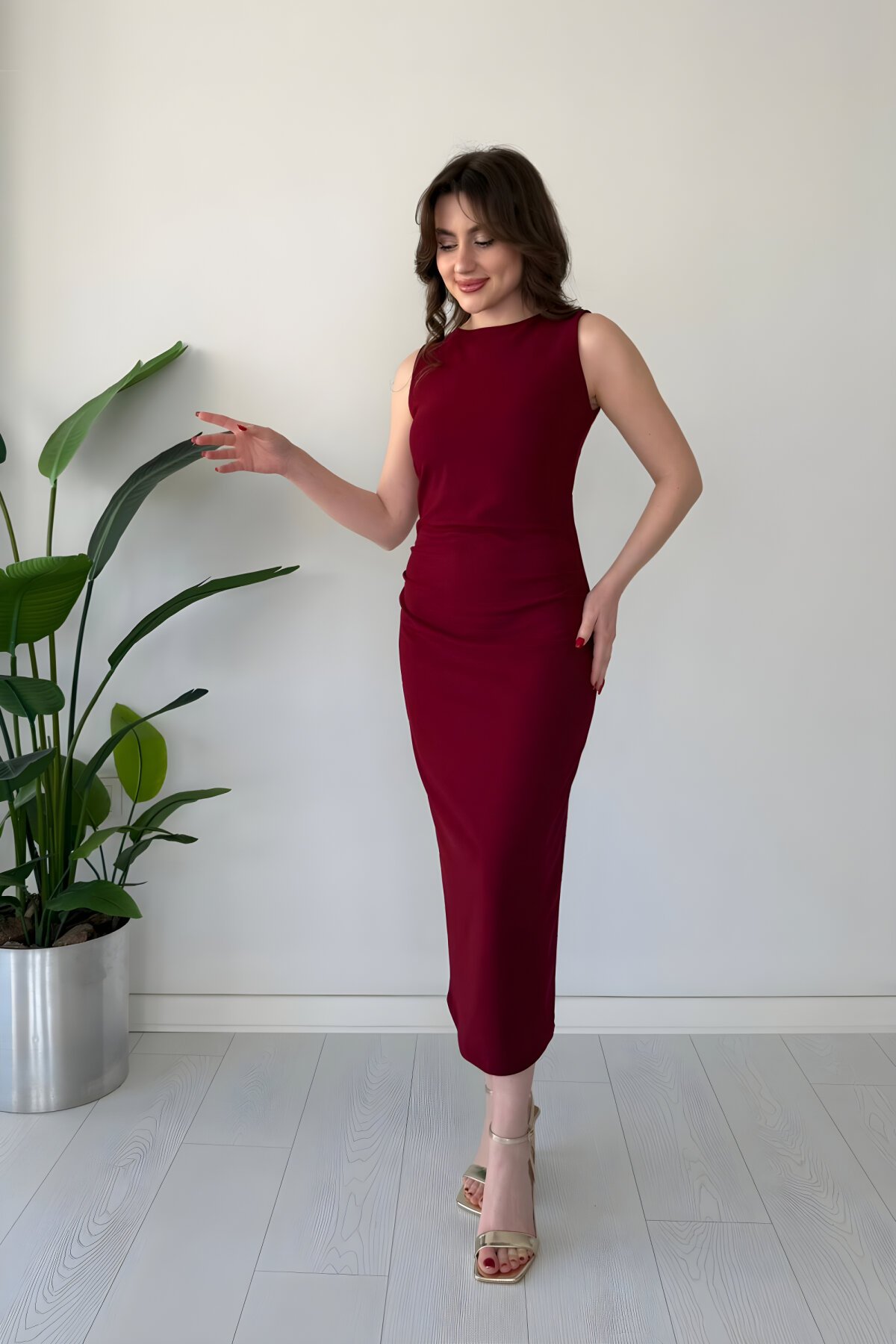 Midi Sleeveless Crepe Draped Dress - Burgundy - MOZENA