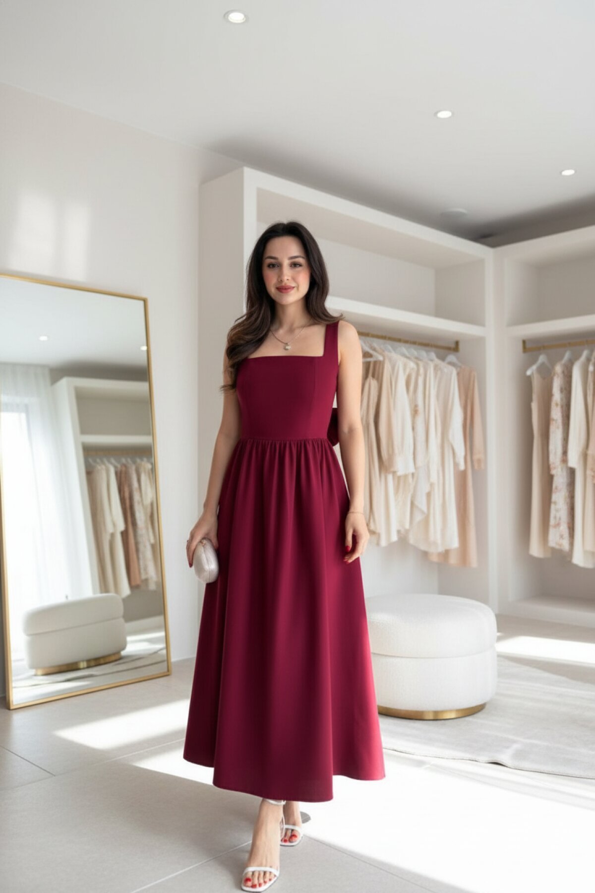 Bordo Midi Sırt Dekolteli Askılı Kare Yaka Elbise - MOZENA